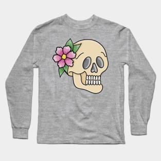 Feminine Floral Skull with Blue Background Long Sleeve T-Shirt